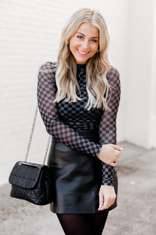Holding Out Hope Black Mock Neck Checkered Mesh Blouse