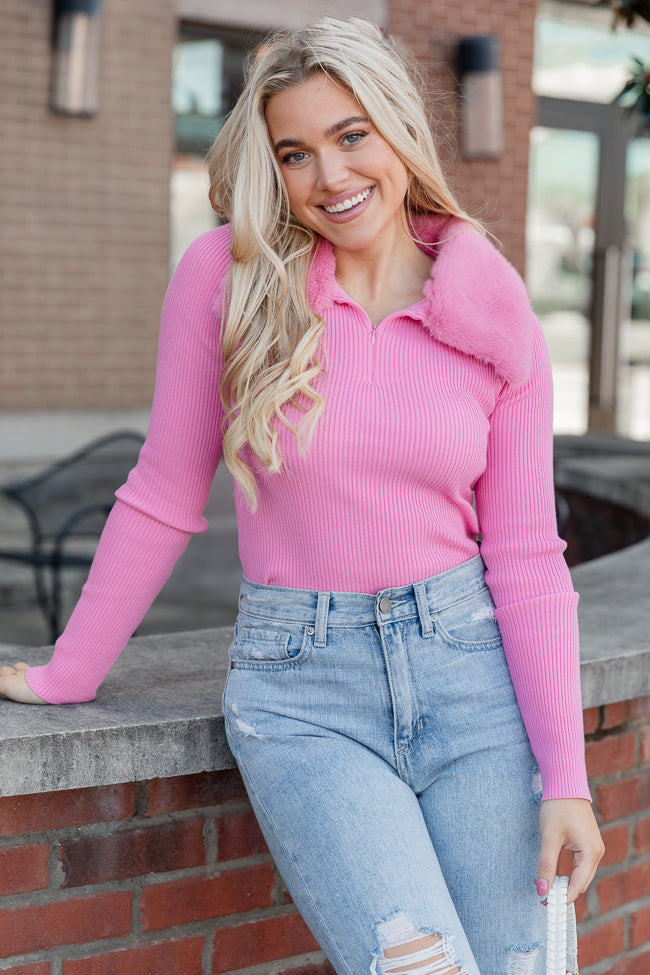 Always Be With You Pink Fur Collar Ribbed Top