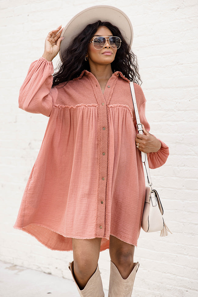 Trying My Best Mauve Long Sleeve Collared Button Up Gauze Mini Dress