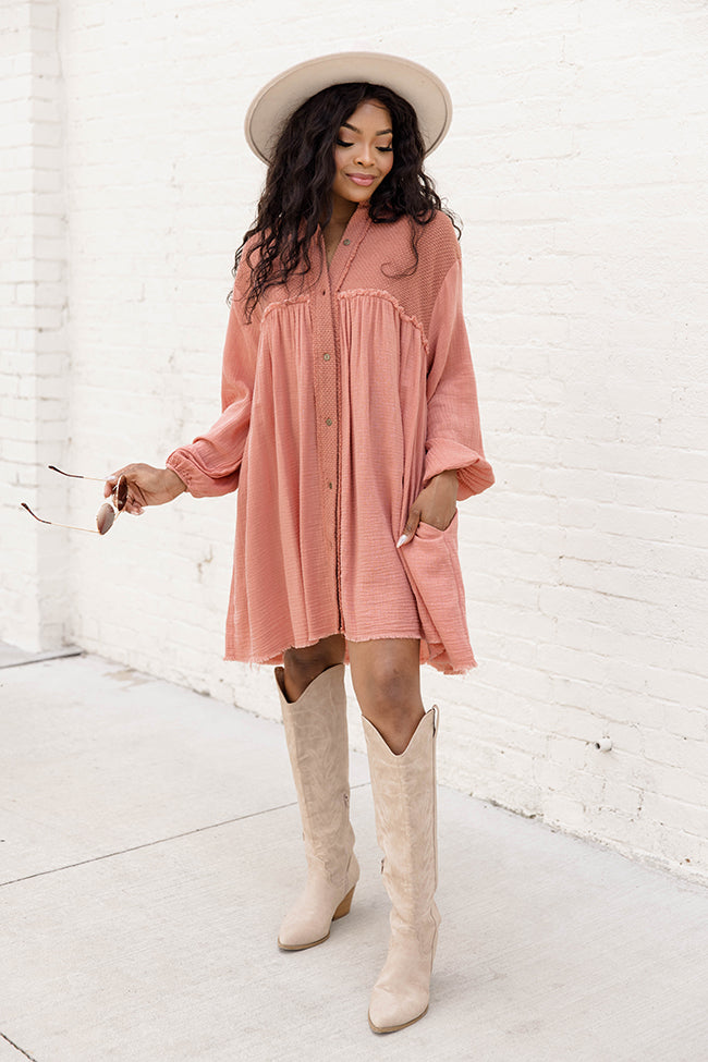 Trying My Best Mauve Long Sleeve Collared Button Up Gauze Mini Dress