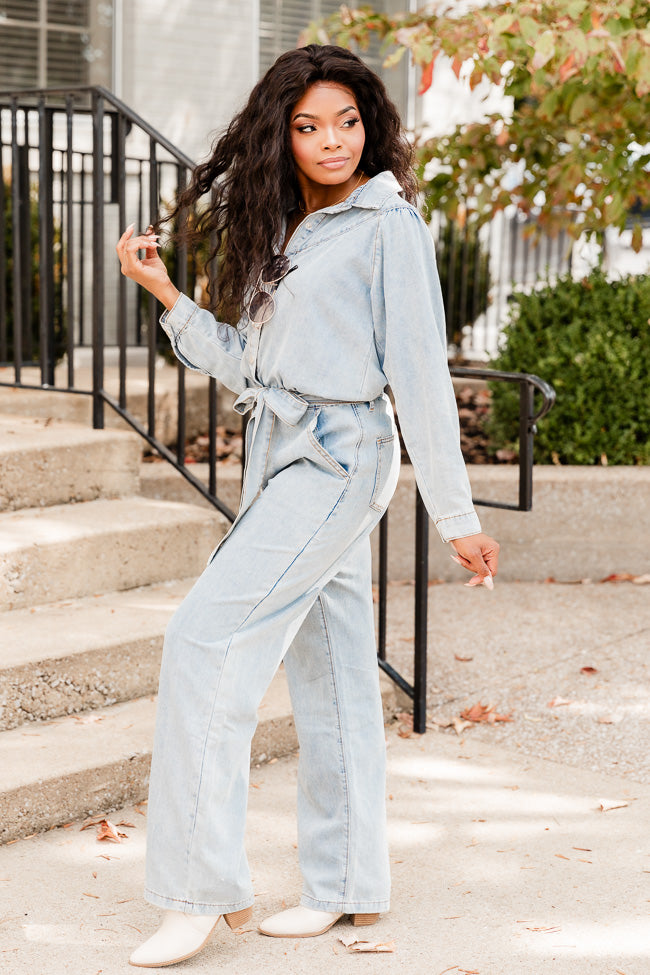 One More Time Long Sleeve Belted Denim Button Up Jumpsuit