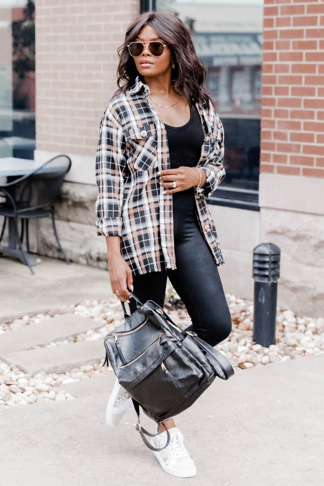 Round It Up Black and Brown Plaid Button Front Shirt