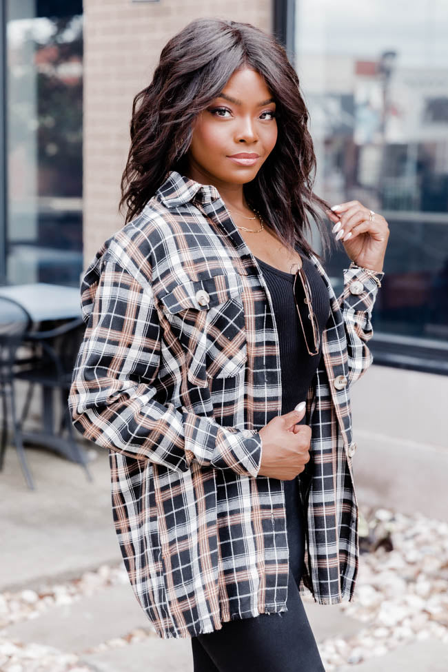 Round It Up Black and Brown Plaid Button Front Shirt