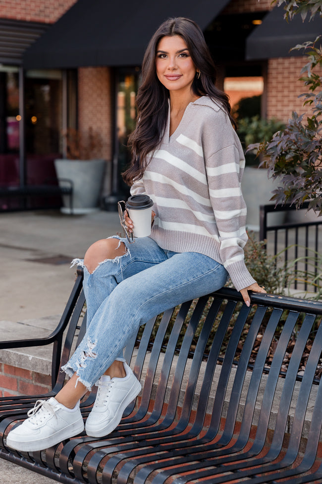 Follow Your Gaze Taupe Striped Collared Sweater