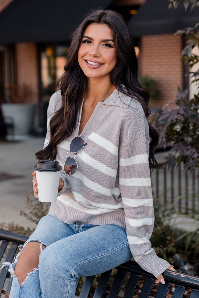 Follow Your Gaze Taupe Striped Collared Sweater