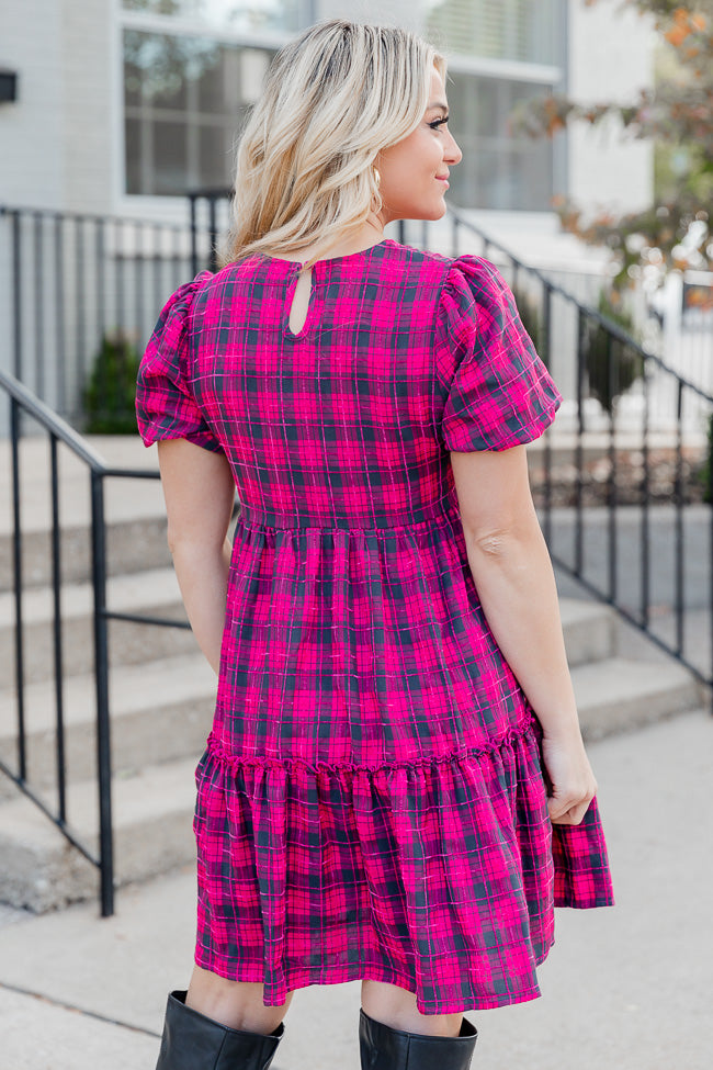 The Thrill Of It Pink and Black Plaid Short Sleeve Babydoll Dress