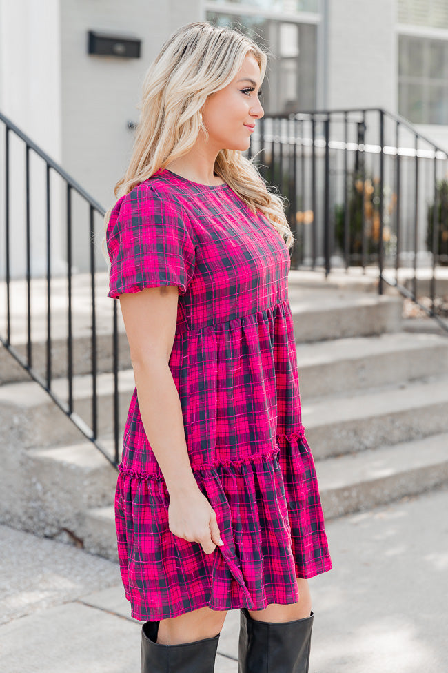 The Thrill Of It Pink and Black Plaid Short Sleeve Babydoll Dress