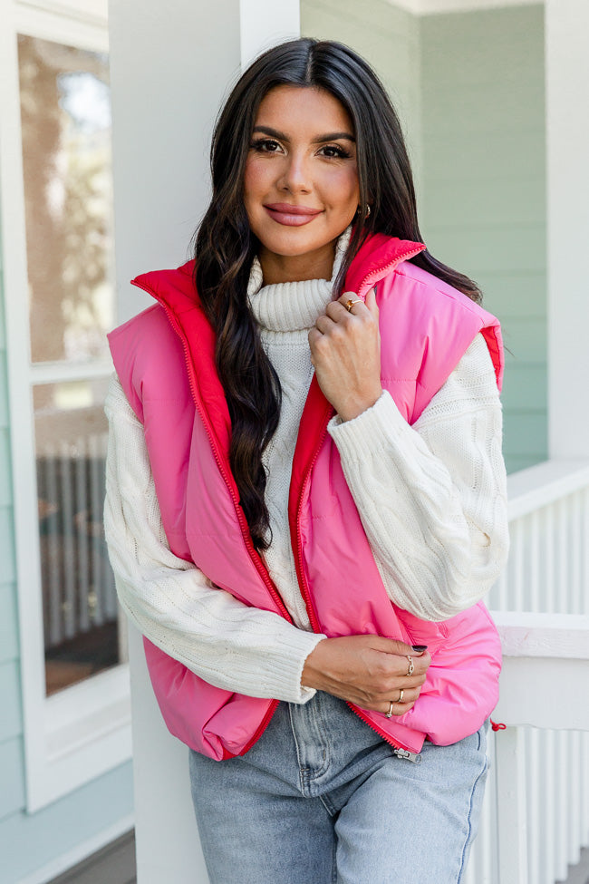 A Beautiful Sight Red and Pink Reversible Puffer Vest