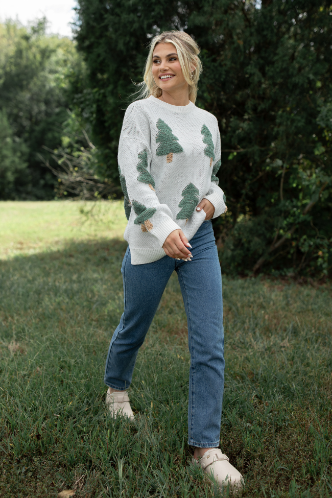 Under The Mistletoe Cream and Green Christmas Tree Sweater