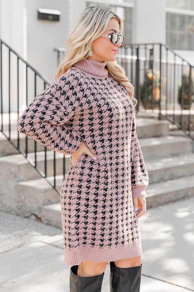 More To Say Black and Brown Houndstooth Turtleneck Sweater Dress