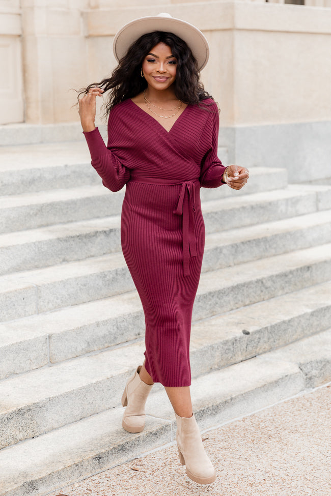 Main Event Wine Midi Wrap Sweater Dress Pink Lily