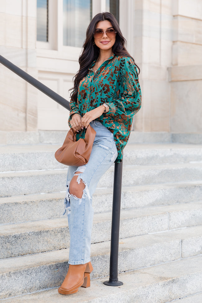 Just A Crush Teal And Brown Velvet Floral Print Button Front Blouse