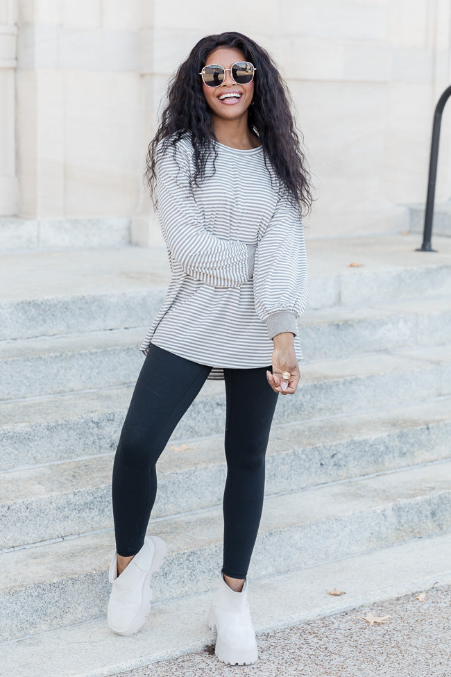 Never Alone Grey Striped Knit Long Sleeve Top