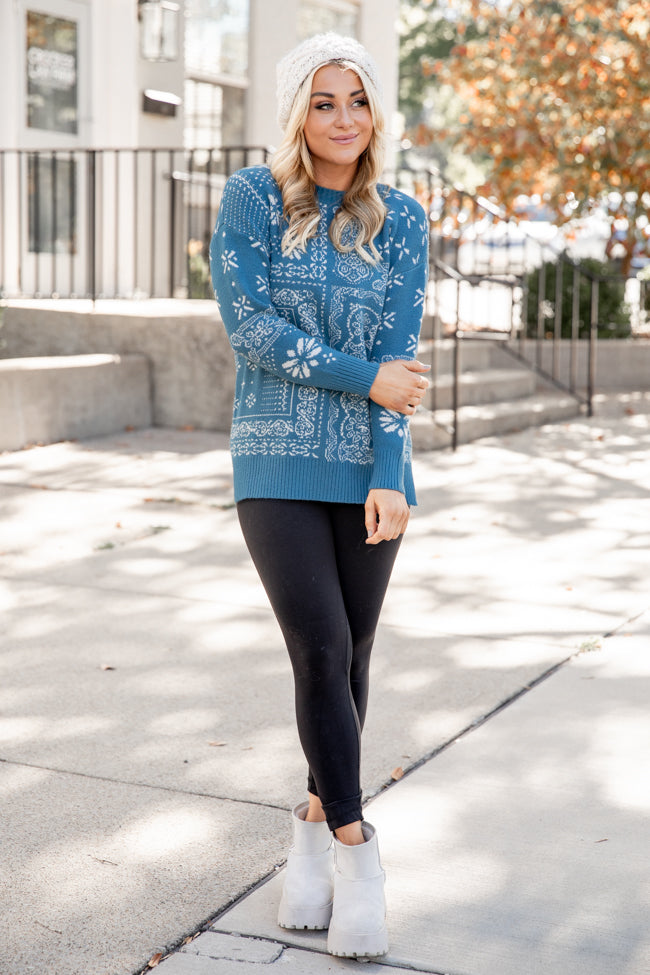All At Once Blue Paisley Print Sweater