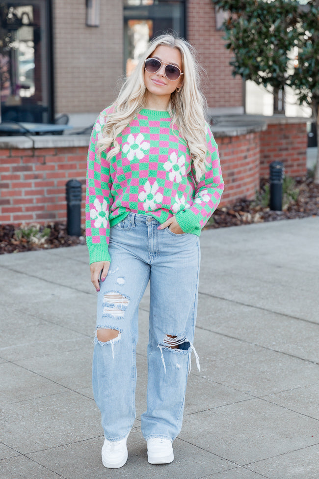 Movies and Chill Pink and Green Fuzzy Checkered Floral Sweater