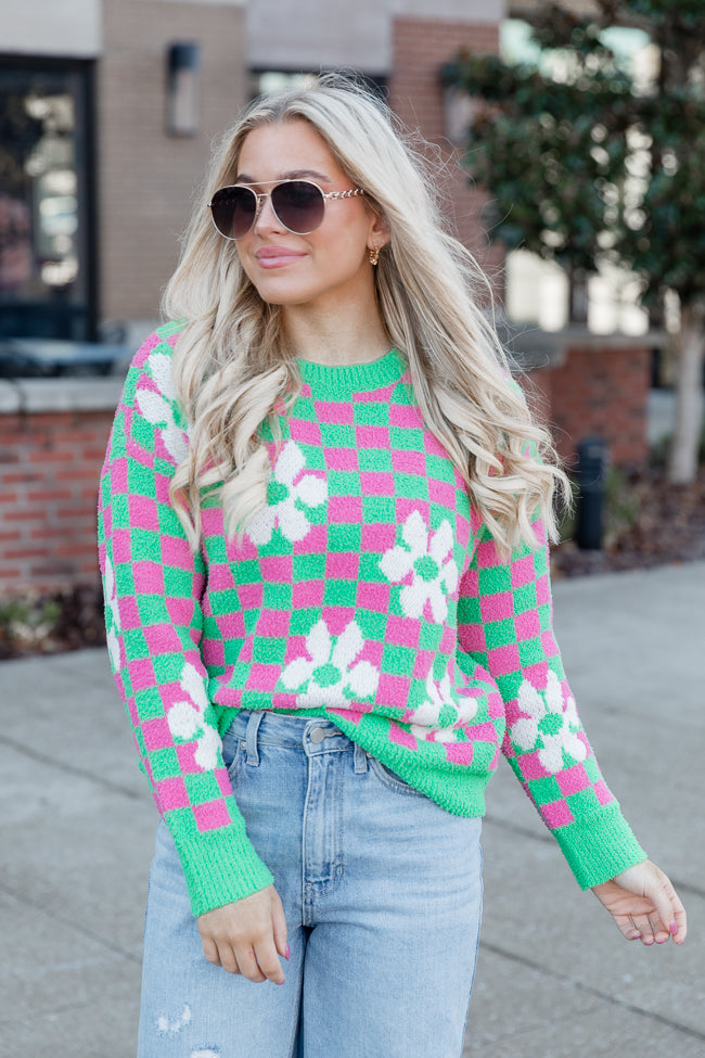 Movies and Chill Pink and Green Fuzzy Checkered Floral Sweater