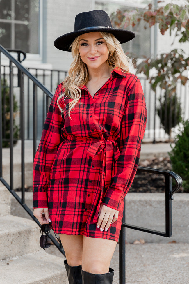 So Plaid You're Mine Red and Black Plaid Collared Button Up Belted Mini Dress