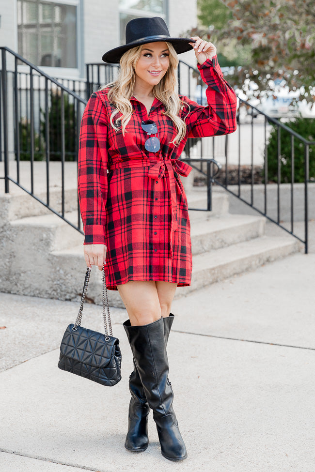 So Plaid You're Mine Red and Black Plaid Collared Button Up Belted Mini Dress FINAL SALE