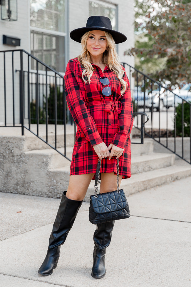 So Plaid You're Mine Red and Black Plaid Collared Button Up Belted Mini Dress FINAL SALE
