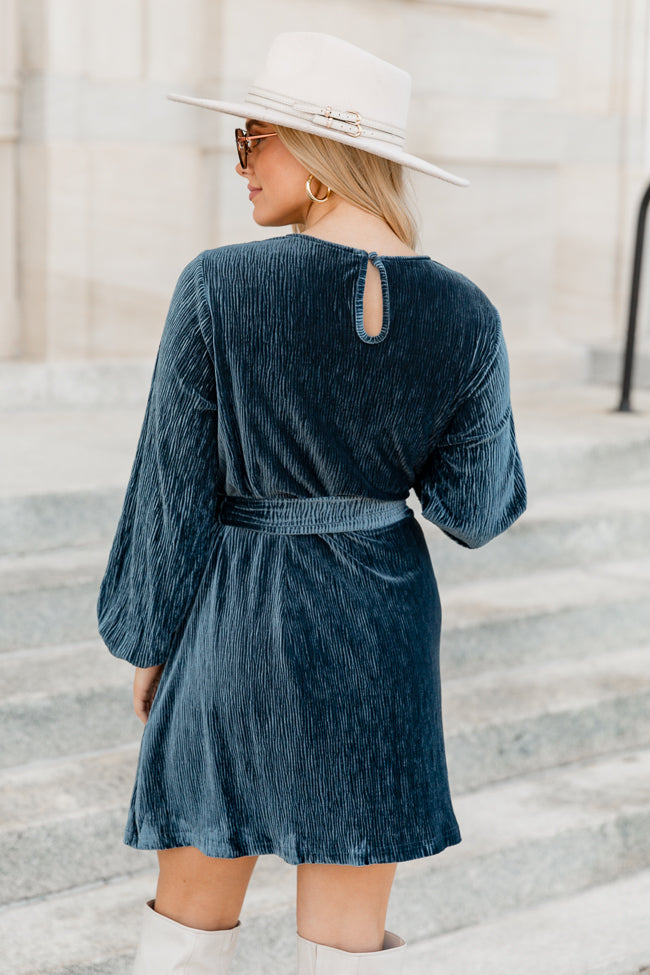 In Due Time Slate Blue Textured Velvet Belted Mini Dress