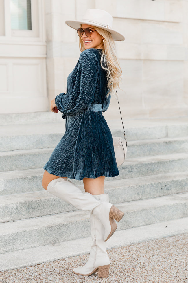 In Due Time Slate Blue Textured Velvet Belted Mini Dress