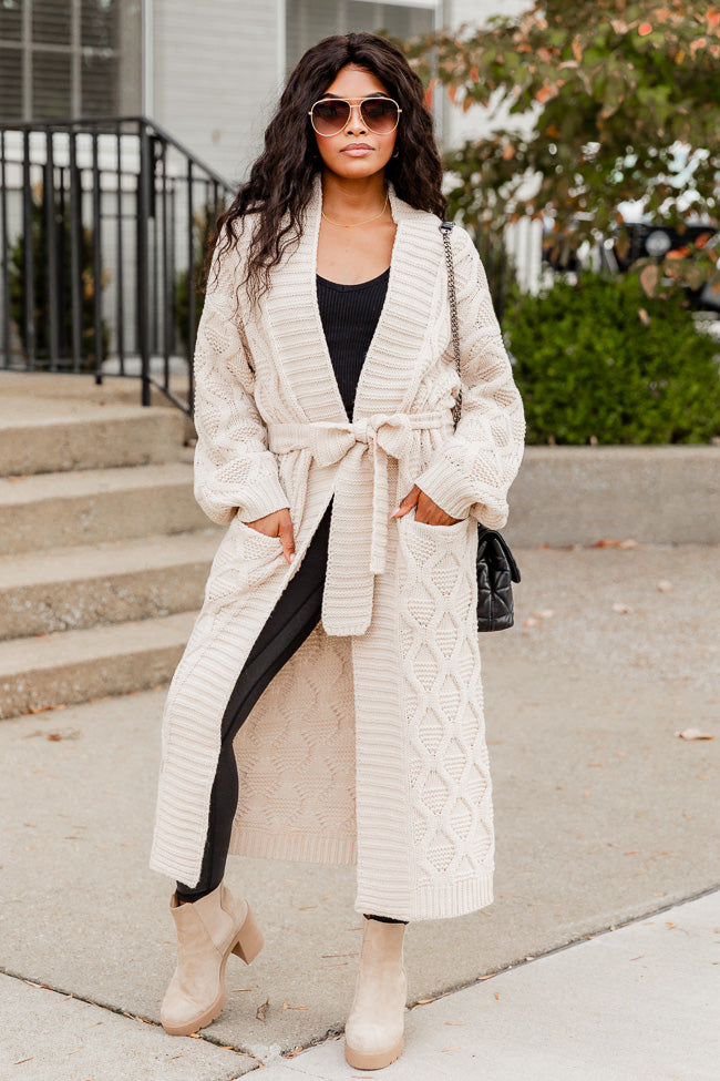 All About You Belted Beige Cable Knit Cardigan