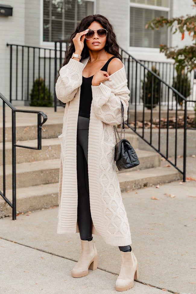 All About You Belted Beige Cable Knit Cardigan