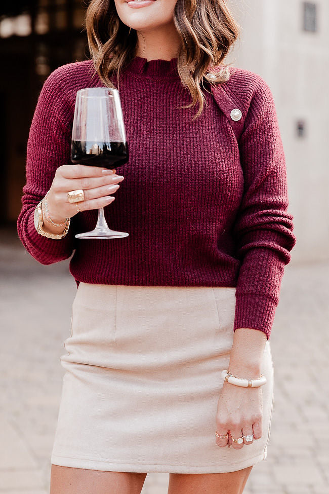 Wine Down Merlot Ruffle Mock Neck Sweater Amber Massey X Pink Lily