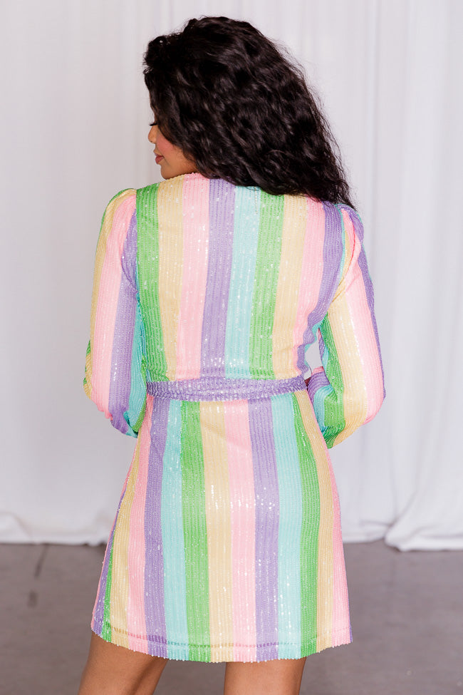 You're My Lover Pastel Multi Stripe Belted Sequin Mini Dress