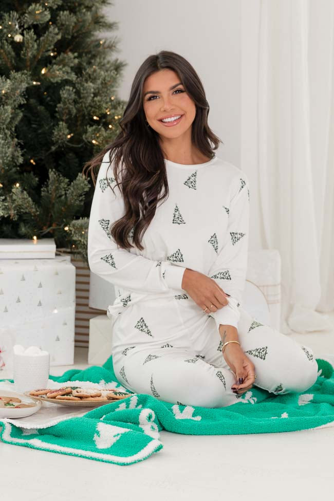 Merry All The Way Cream Christmas Tree Print Pajama Top