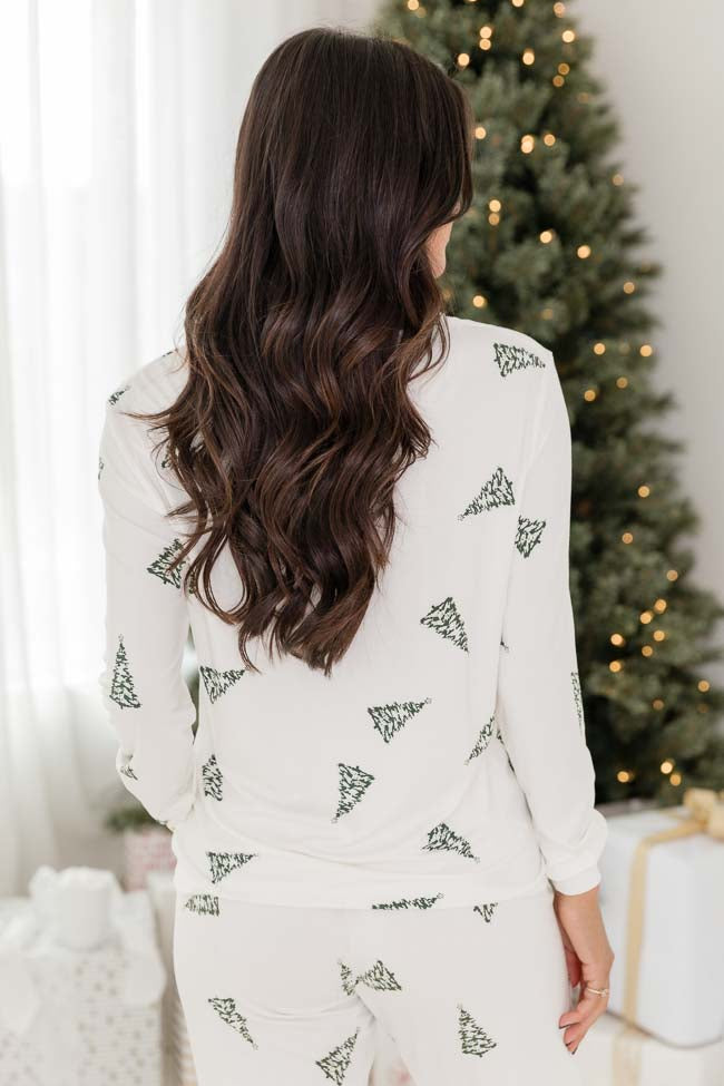 Merry All The Way Cream Christmas Tree Print Pajama Top
