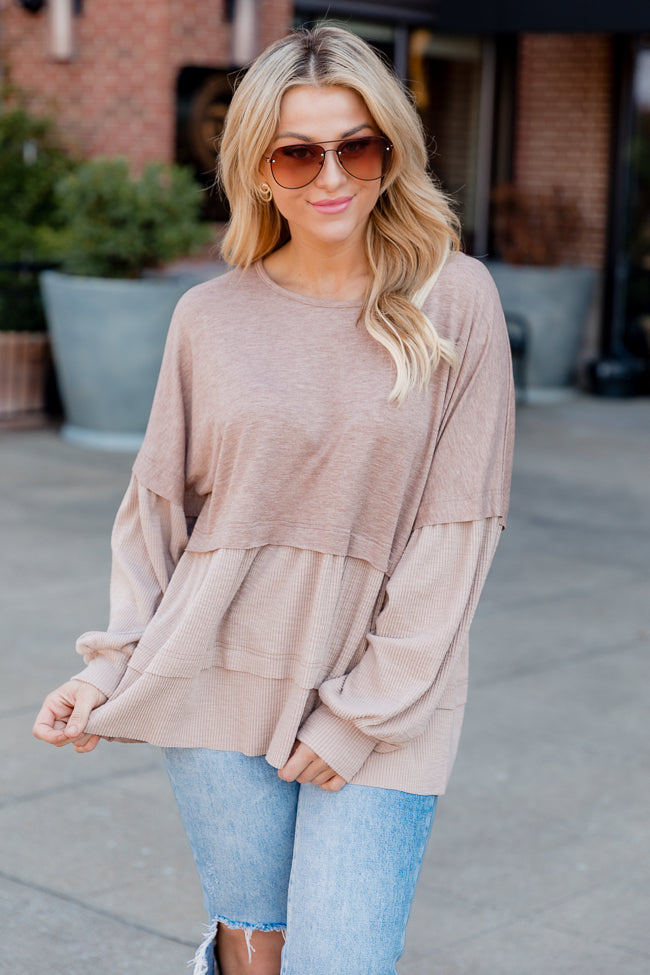 Daily Affirmations Tan Tiered Waffle Knit Blouse
