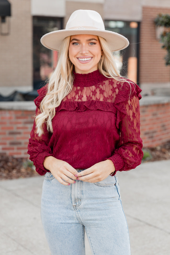 Be The Moment Burgundy Mock Neck Lace Blouse