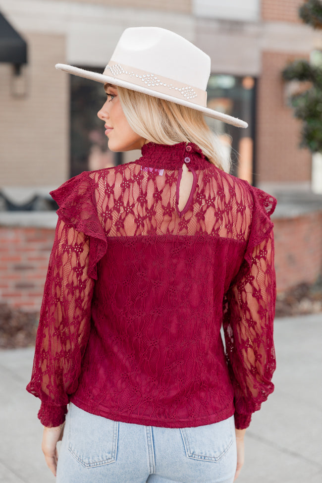 Be The Moment Burgundy Mock Neck Lace Blouse – Pink Lily