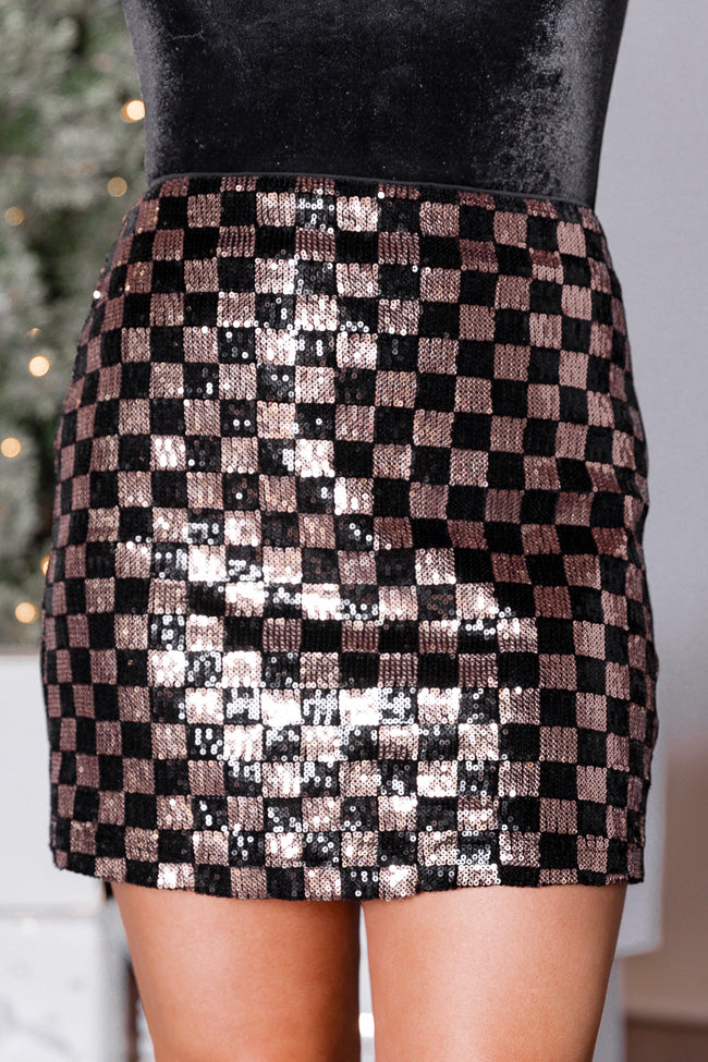 Season To Sparkle Black and Gold Sequin Checkered Mini Skirt