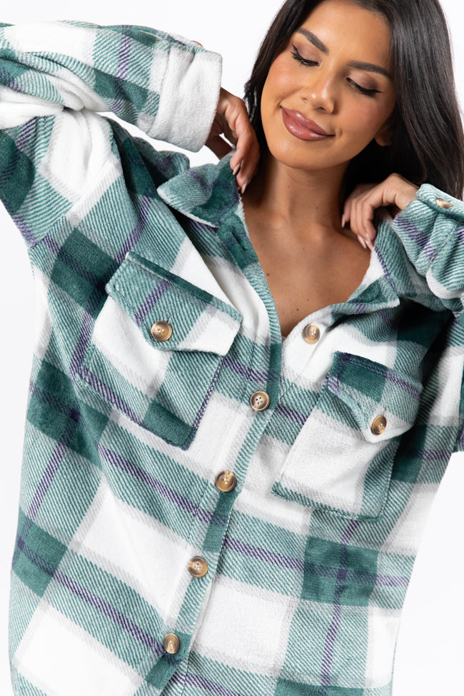 Wind Down Green Fleece Plaid Shacket Pink Lily