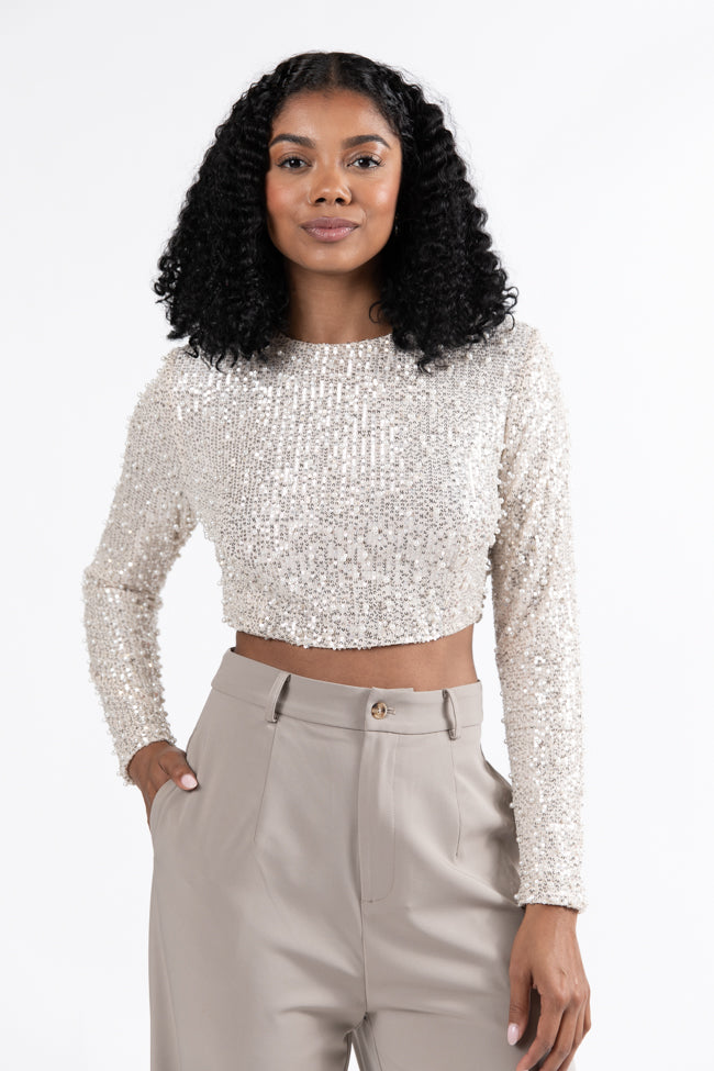 In Good Spirits Beige Pearl And Sequin Embellished Crop Blouse