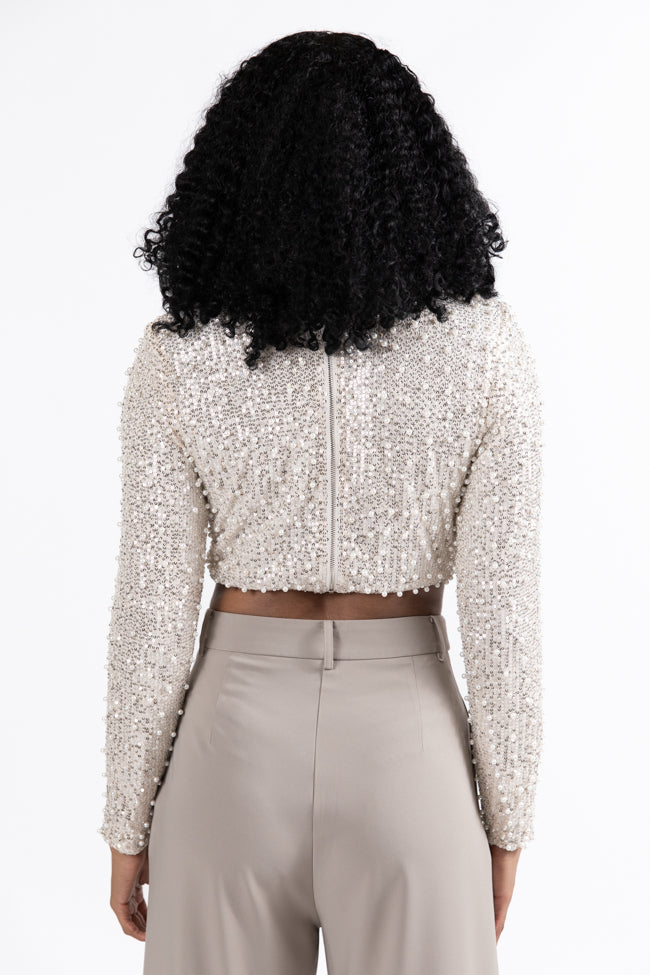 In Good Spirits Beige Pearl And Sequin Embellished Crop Blouse