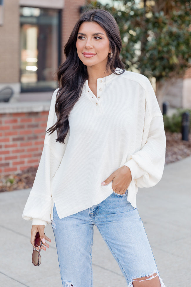 Made For This Cream Henley Textured Long Sleeve Top