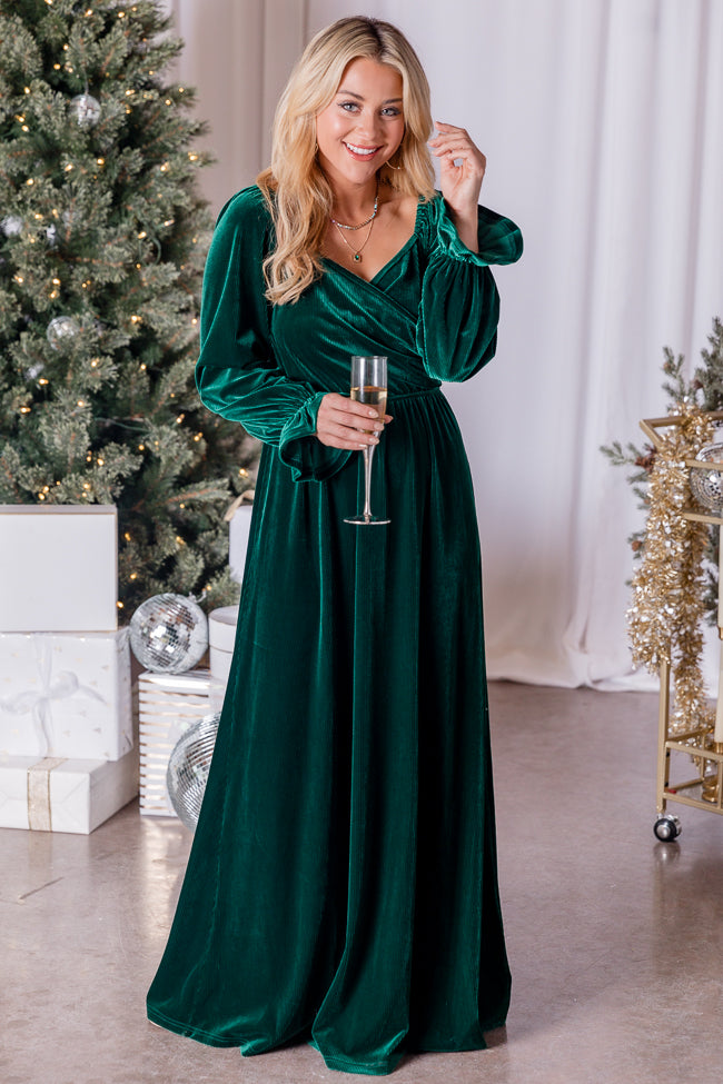 Holiday Magic Velvet Emerald Ruched Maxi Dress