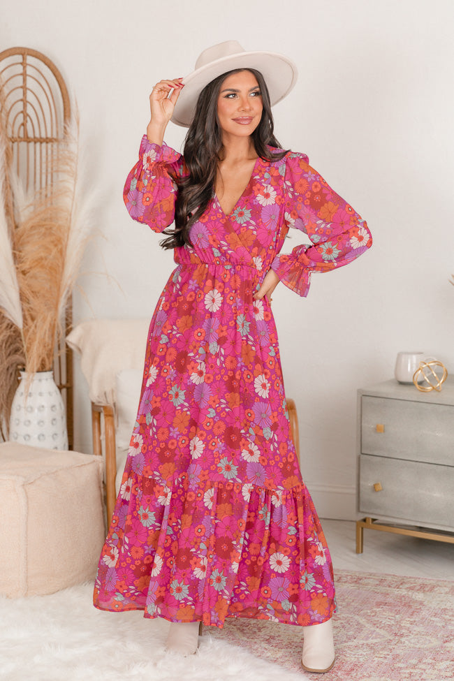 We're Not Done Pink Retro Printed Long Sleeve Maxi Dress FINAL SALE