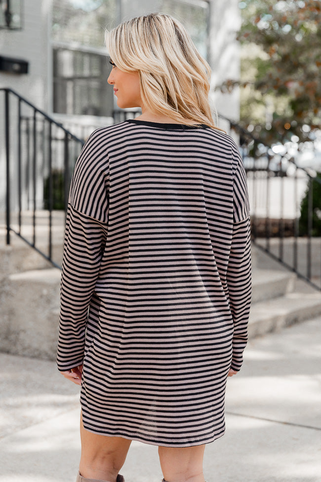 Brown and Black Striped Long Sleeve Ribbed T-Shirt Dress FINAL SALE – Pink  Lily