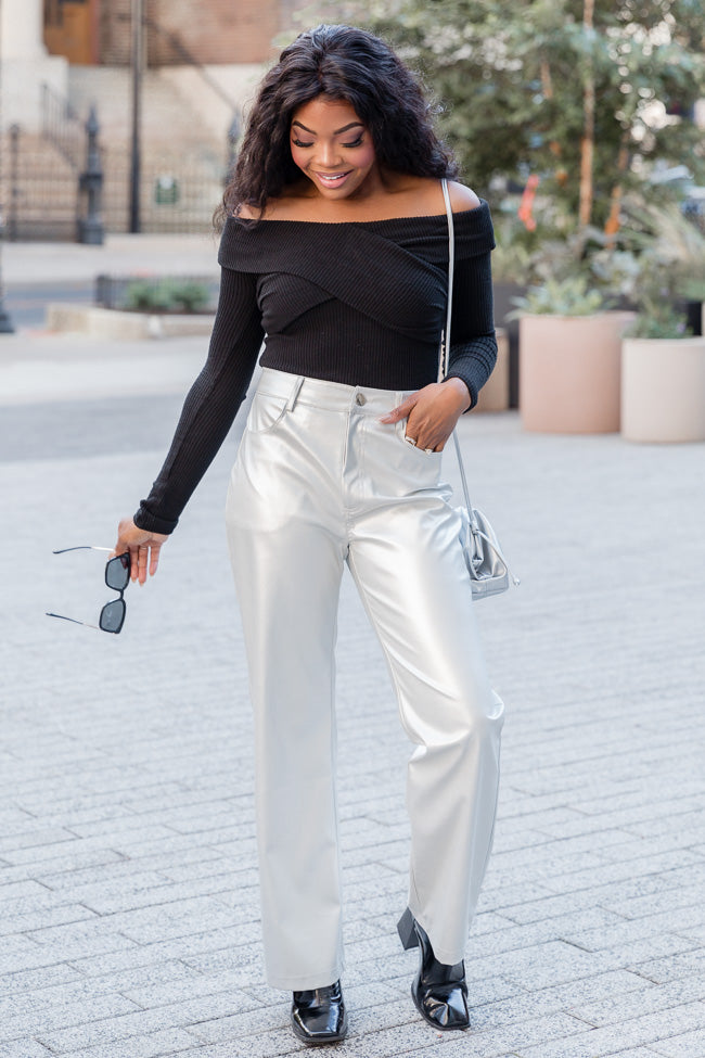 Share Your Thoughts Silver Metallic Straight Leg Pants