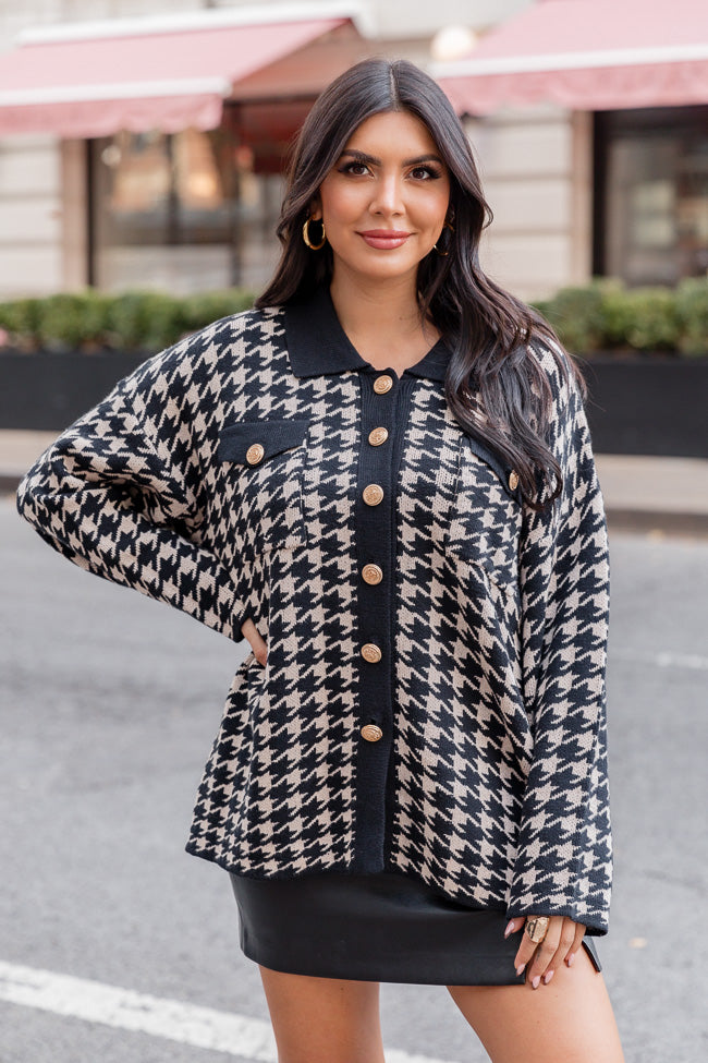 Means Everything To Me Black and Beige Houndstooth Knit Shacket