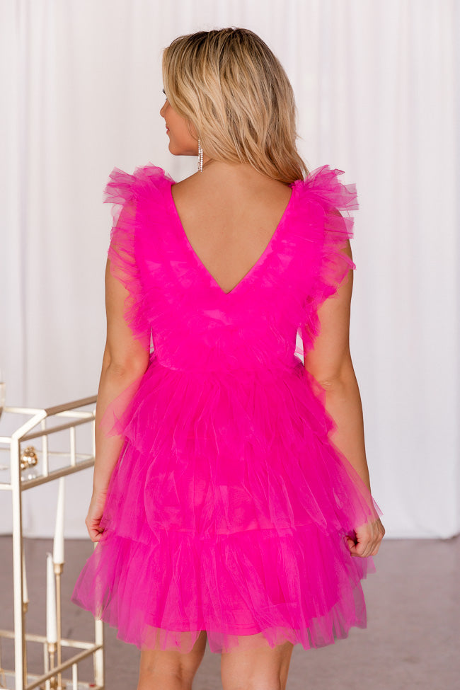 Special Feeling Hot Pink V-Neck Tulle Mini Dress