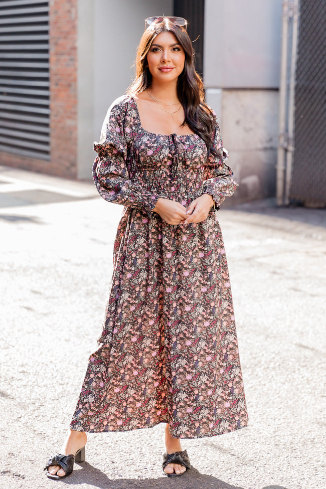 For The Last Time Black Multi Floral Long Sleeve Midi Dress – Pink Lily