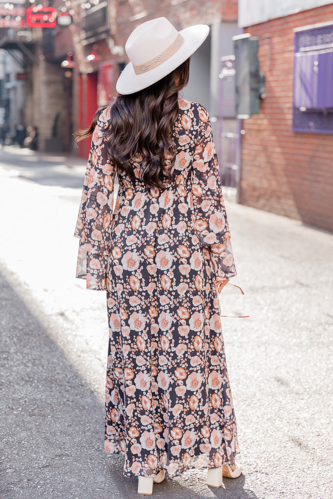 Always Coming Back Black Floral Bell Sleeve Maxi Dress