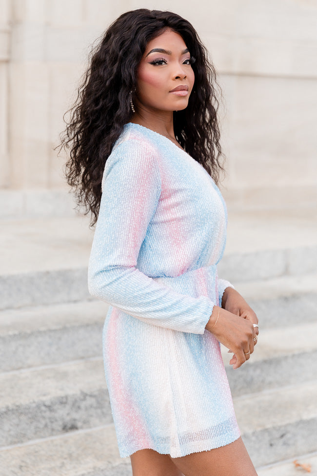 Favorable Day Blue and Pink Ombre Sequin Long Sleeve Romper