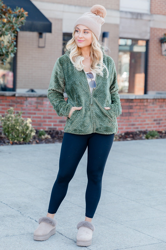 Cozy Charm Olive Textured Sherpa Zip Up Jacket FINAL SALE