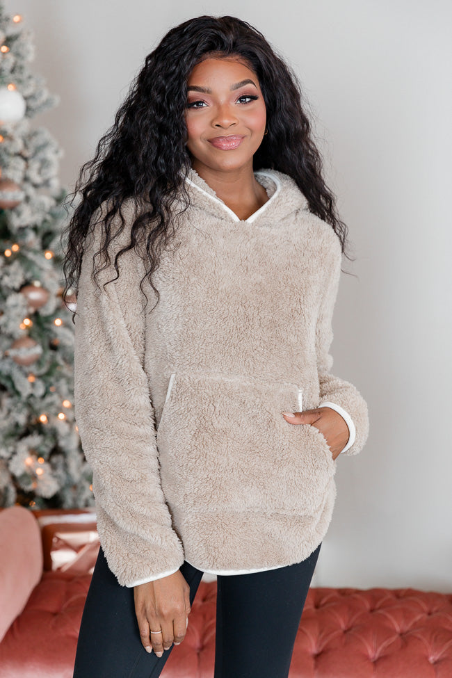Fine Line Taupe and Ivory Contrast Lining Sherpa Hoodie FINAL SALE